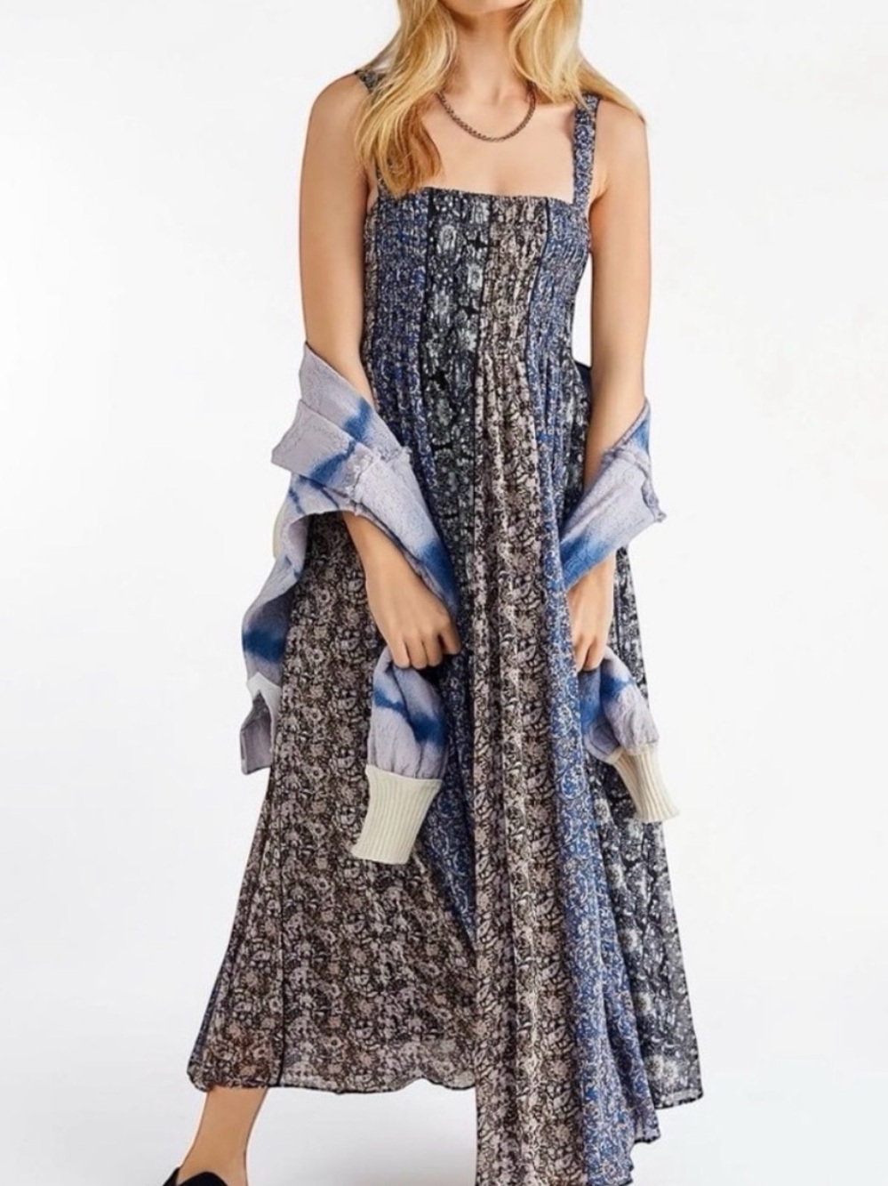 Free People EUC Come Together Maxi Dress Black Combo Patchwork Size Small